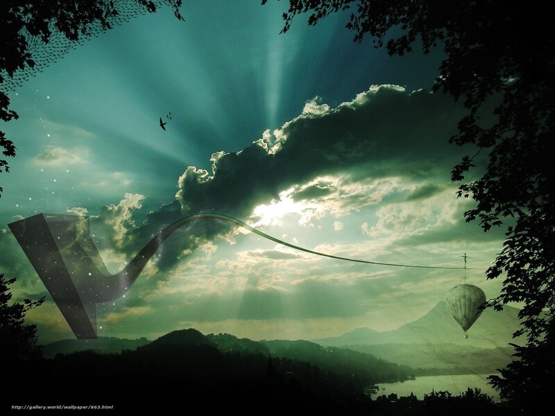 Sunlight through clouds with hot air balloon
