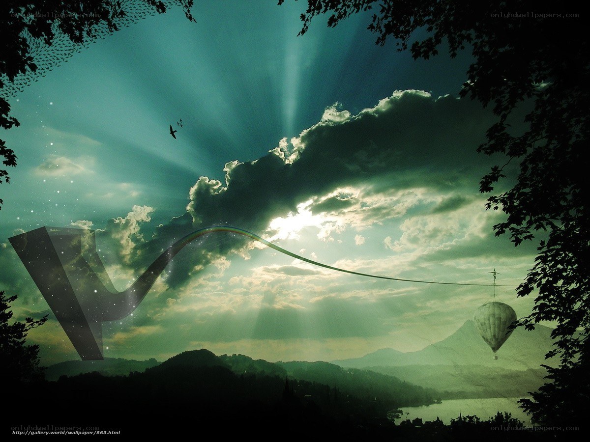 Sunlight through clouds with hot air balloon