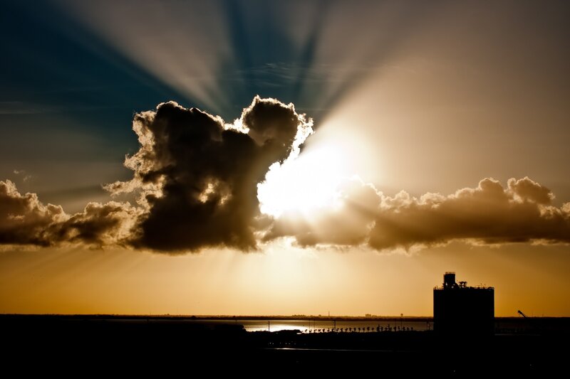 Sunlight Through Clouds — Yellow, Dramatic, Sunset, Photograph, Building