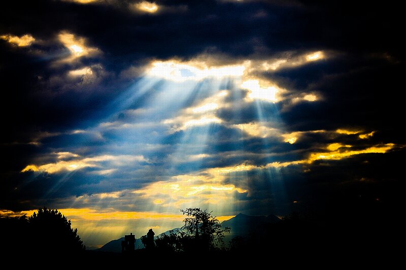 Sunlight Through Clouds — Yellow, Dramatic, Sunset, Photograph, Mountains