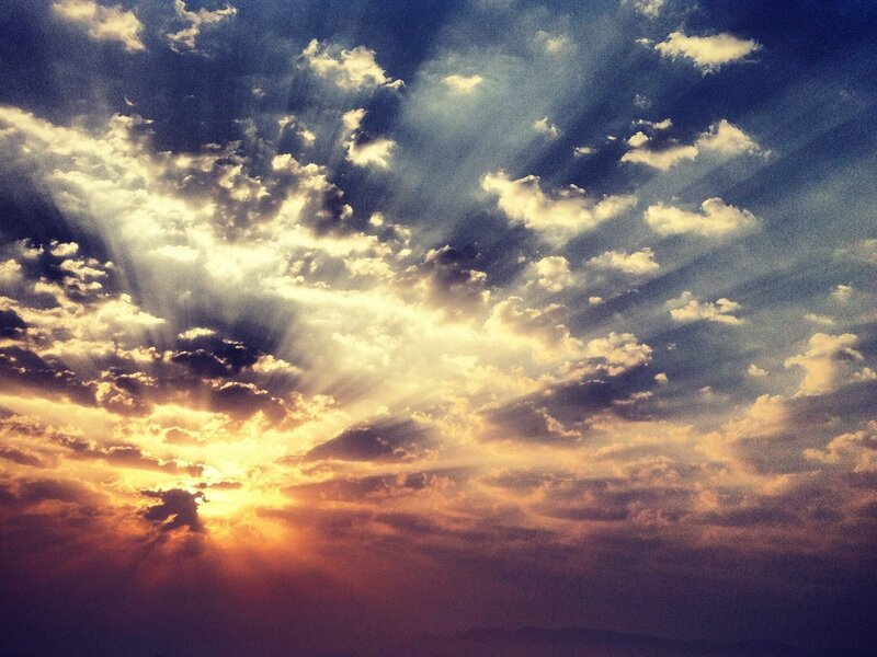 Sunlight Through Clouds — Yellow, Dramatic, Sunset, Photograph, Sky, Sun, Blue