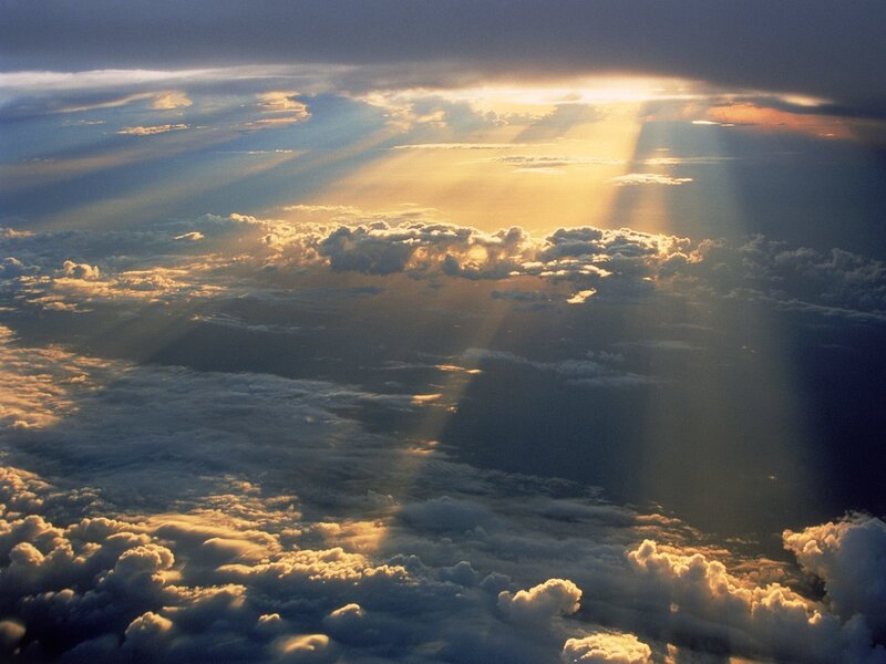 Sunlight Through Clouds — Yellow, Dramatic, Sunset, Photograph, Sunbeams, Sky, Blue