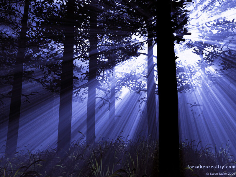 Sunlight Through Forest — Blue, Serene, Night, Digital Art