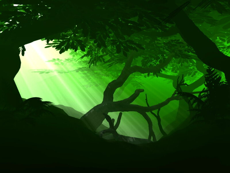 Sunlight Through Forest Canopy — Green, Serene, Morning, Digital Art
