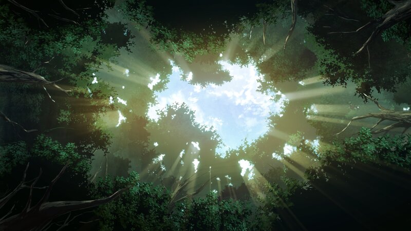 Sunlight Through Forest Canopy — Green, Serene, Morning, Digital Art, Trees