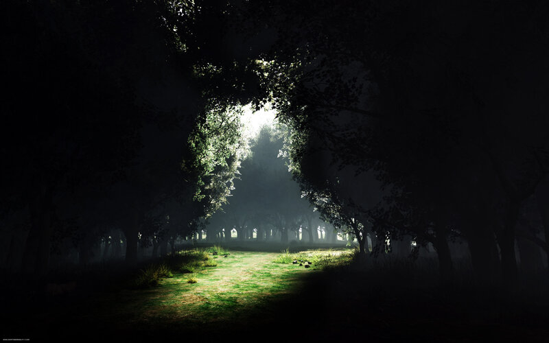Sunlight Through Forest — Green, Dramatic, Morning, Digital Art