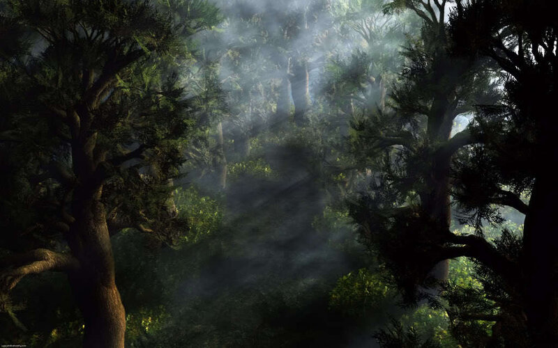 Sunlight Through Forest — Green, Mysterious, Morning, Digital Art, Trees, Fog, Sunbeams