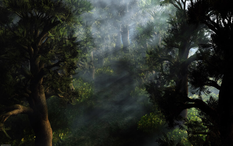 Sunlight Through Forest — Green, Mysterious, Morning, Digital Art, Trees, Fog