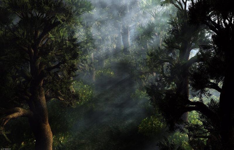 Sunlight Through Forest — Green, Mysterious, Morning, Digital Art, Trees