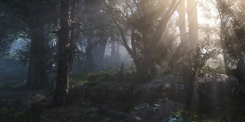 Sunlight Through Forest — Green, Serene, Morning, 3d Render, Trees