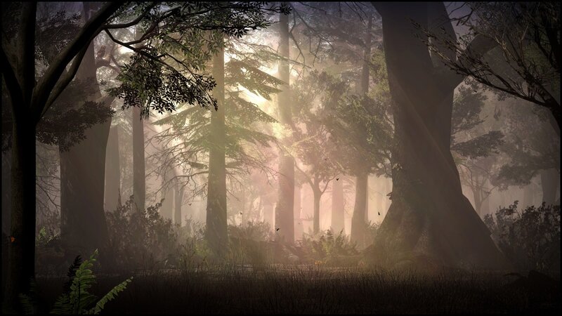 Sunlight Through Forest — Green, Serene, Morning, Digital Art, Trees, Fog, Bushes