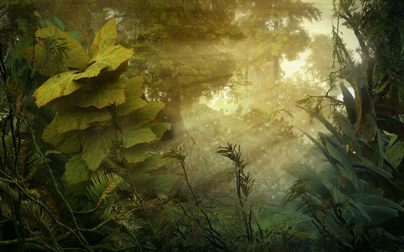 Sunlight Through Forest — Green, Serene, Morning, Digital Art, Trees, Fog, Leaves