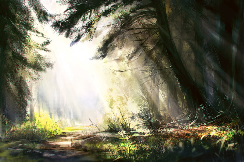 Sunlight Through Forest — Green, Serene, Morning, Digital Art, Trees, Path