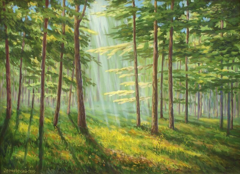 Sunlight Through Forest — Green, Serene, Morning, Painting