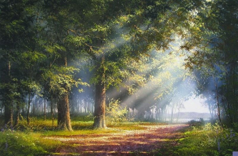 Sunlight Through Forest — Green, Serene, Morning, Painting, Trees, Path