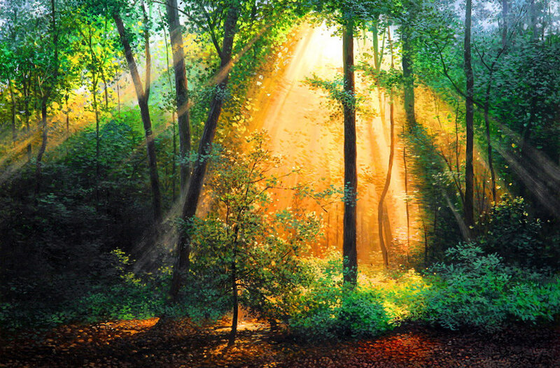 Sunlight Through Forest — Green, Serene, Morning, Painting, Trees