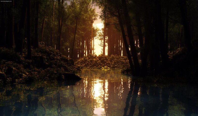 Sunlight Through Forest — Green, Serene, Sunset, Digital Art, Trees, River, Sun, Brown, Gold