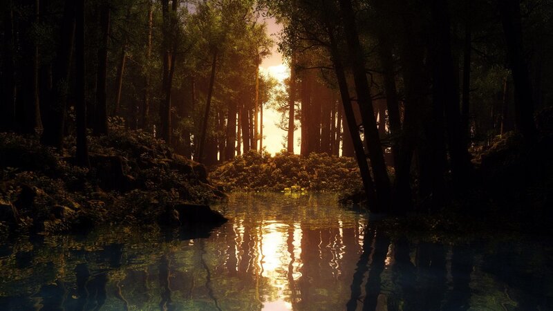 Sunlight Through Forest — Green, Serene, Sunset, Digital Art, Trees, River, Sun, Brown