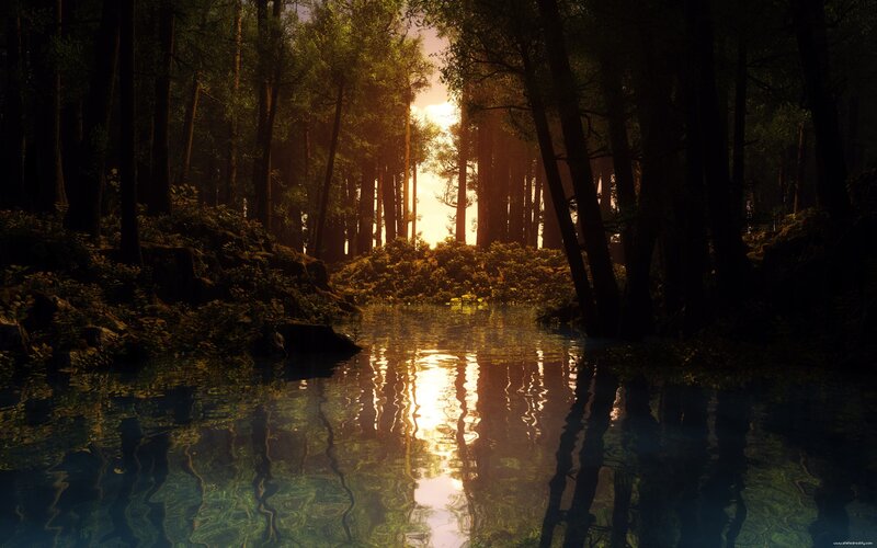 Sunlight Through Forest — Green, Serene, Sunset, Digital Art, Trees, River