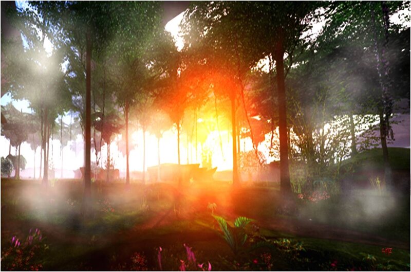 Sunlight Through Forest — Green, Serene, Sunset, Digital Art, Trees