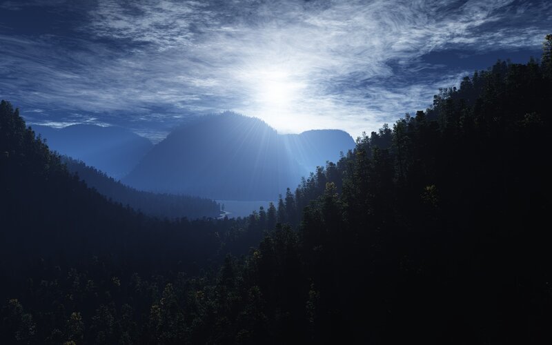 Sunlight Through Forest Valley — Blue