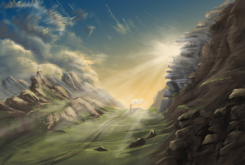 Sunlight Through Mountain Pass — Green