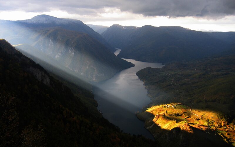Sunlight through mountain valley