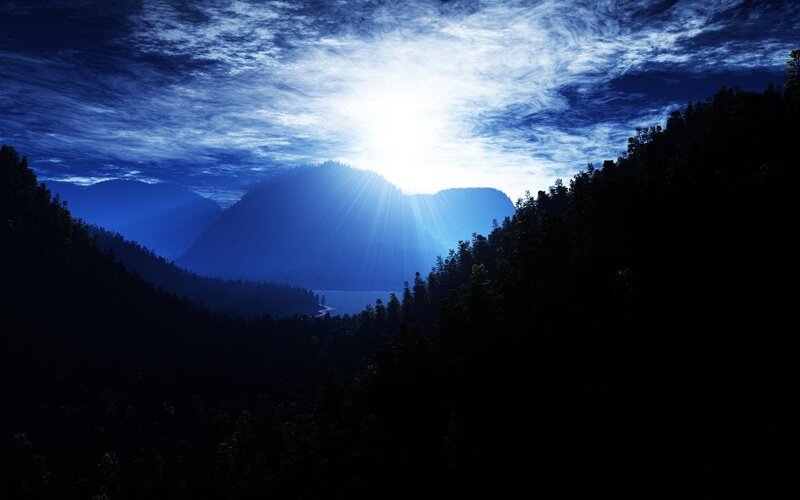 Sunlight Through Mountain Valley — Blue