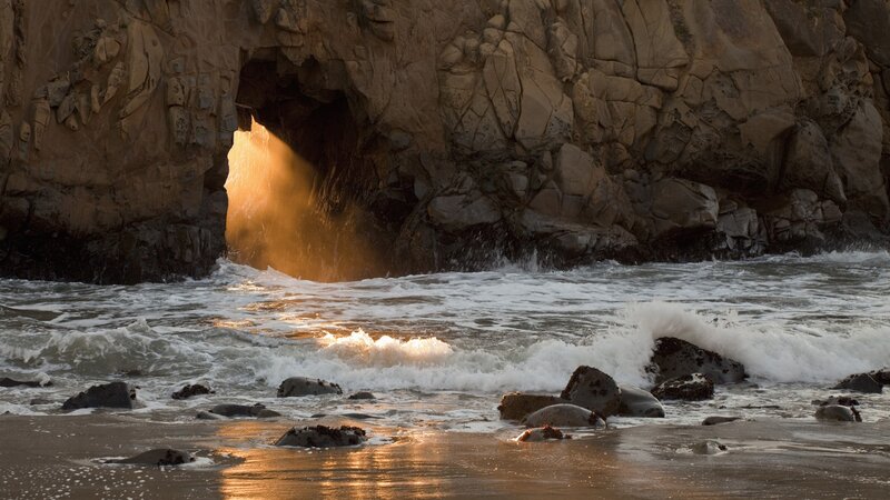 Sunlight Through Sea Cave — Brown, Dramatic