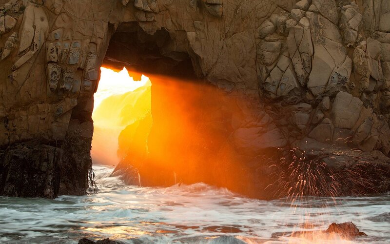 Sunlight Through Sea Cave — Orange, Dramatic, Sunset, Photograph