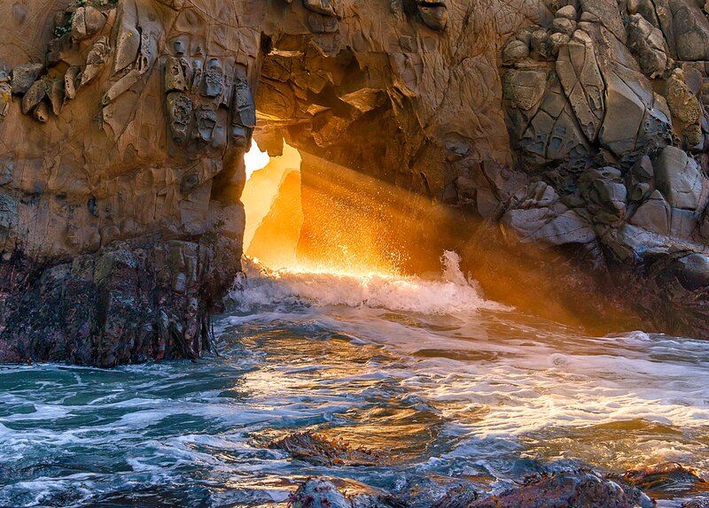 Sunlight Through Sea Cave — Orange, Dramatic