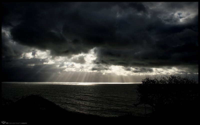 Sunlight Through Storm Clouds — Black, Dramatic, Sunset, Photograph, Ocean