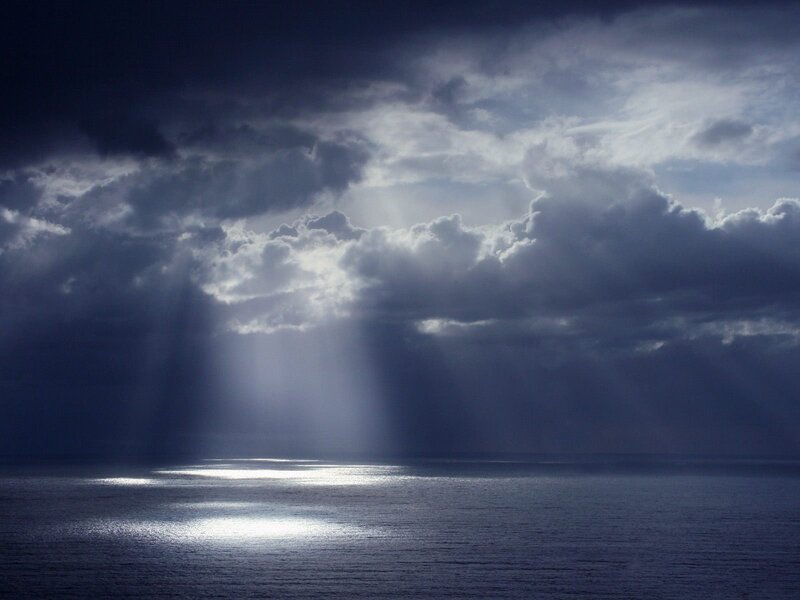 Sunlight Through Storm Clouds — Blue, Dramatic, Photograph, Ocean, Sunbeams