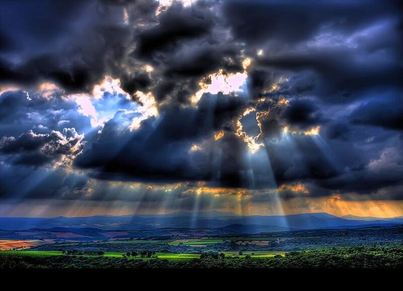 Sunlight Through Storm Clouds — Blue, Dramatic, Sunrise, Photograph, Landscape
