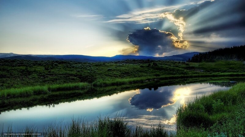 Sunlight Through Storm Clouds — Blue, Dramatic, Sunset, Photograph, River