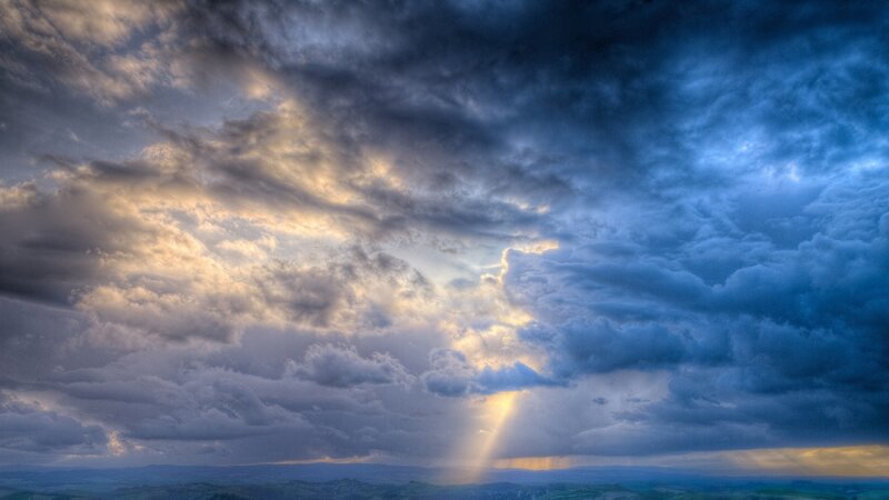 Sunlight Through Storm Clouds — Blue, Dramatic, Sunset, Photograph, Sky