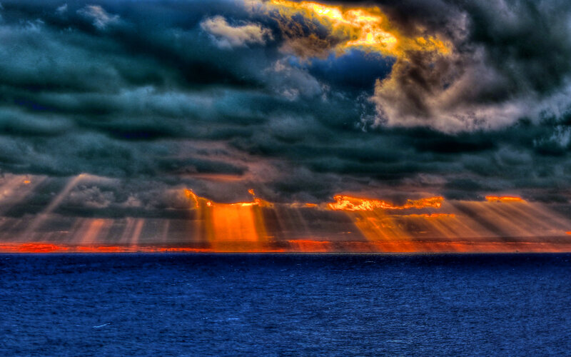Sunlight Through Storm Clouds — Blue, Dramatic, Sunset, Photograph