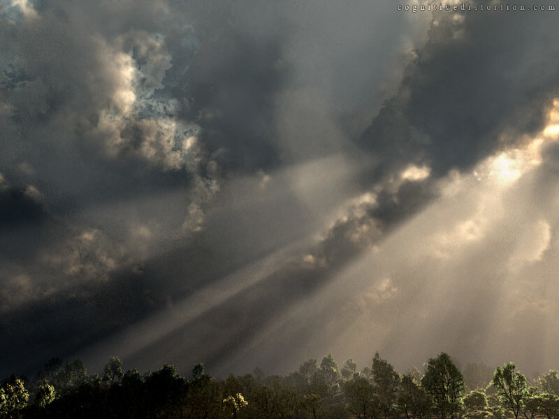 Sunlight Through Storm Clouds — Gray, Dramatic, Afternoon, Photograph, Trees