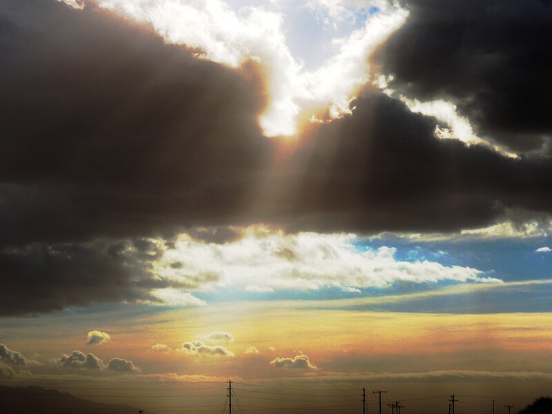 Sunlight Through Storm Clouds — Gray, Dramatic, Sunset, Photograph, Power Lines