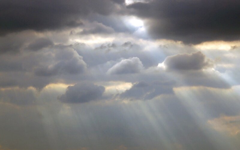 Sunlight Through Storm Clouds — Gray, Dramatic, Sunset, Photograph, Sunbeams, White