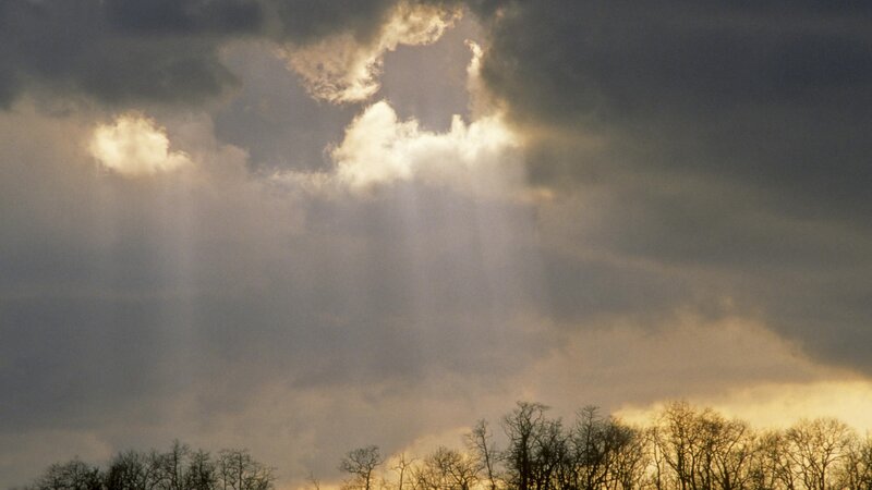 Sunlight Through Storm Clouds — Gray, Dramatic, Sunset, Photograph, Trees, Sky