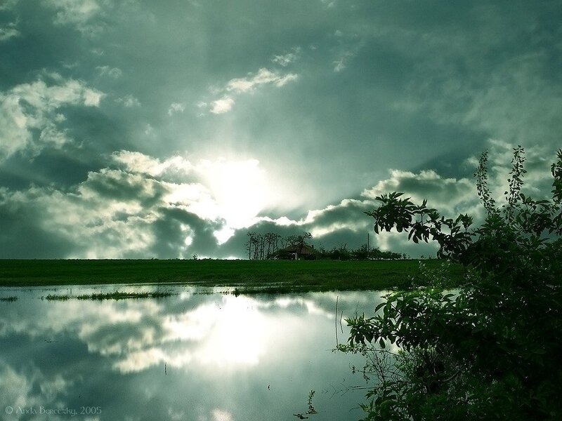 Sunlight Through Storm Clouds — Green, Dramatic, Afternoon, Photograph, Field, Water