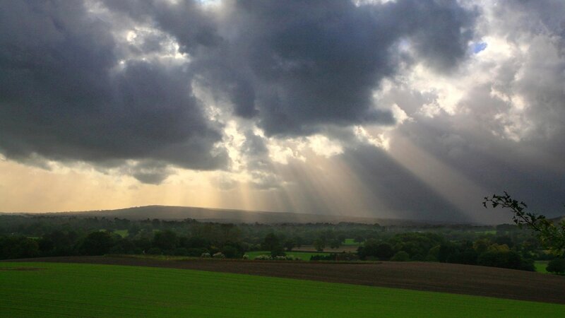 Sunlight Through Storm Clouds — Green, Dramatic, Afternoon, Photograph, Fields