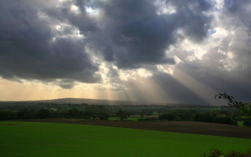 Sunlight Through Storm Clouds — Green, Dramatic, Afternoon, Photograph, Fields, Trees