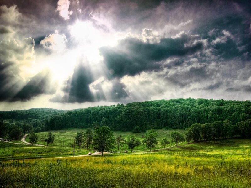 Sunlight Through Storm Clouds — Green, Dramatic, Afternoon, Photograph, Trees, Field