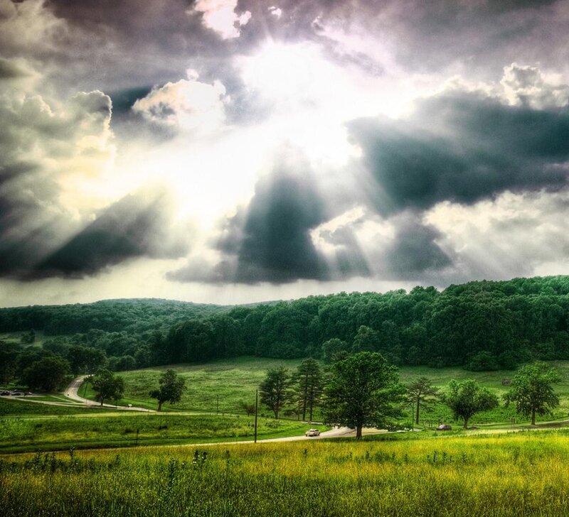 Sunlight Through Storm Clouds — Green, Dramatic, Afternoon