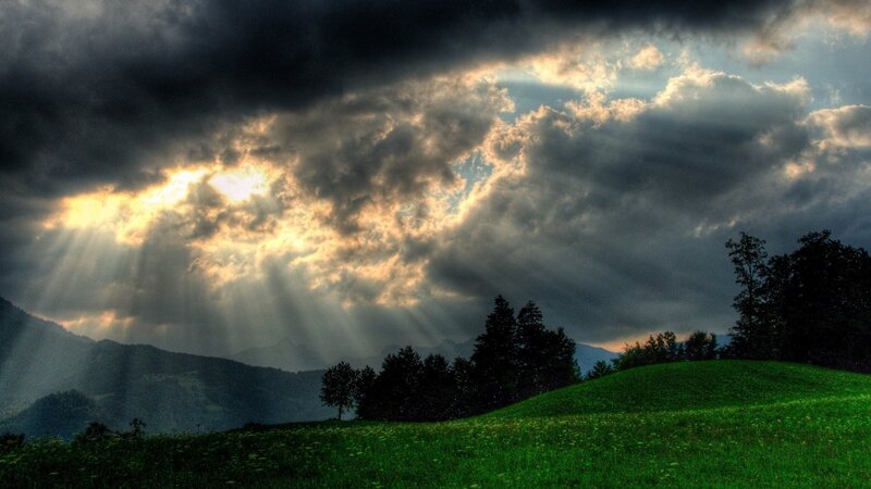 Sunlight Through Storm Clouds — Green, Dramatic, Sunset, Photograph, Mountains