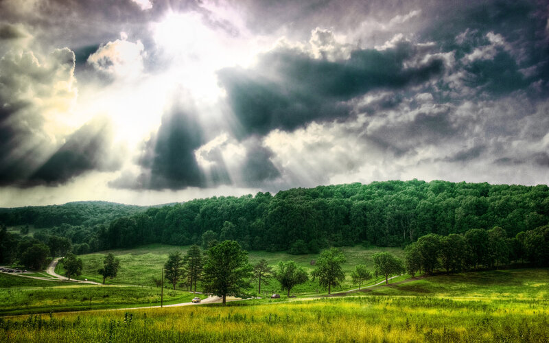 Sunlight Through Storm Clouds — Green, Gray
