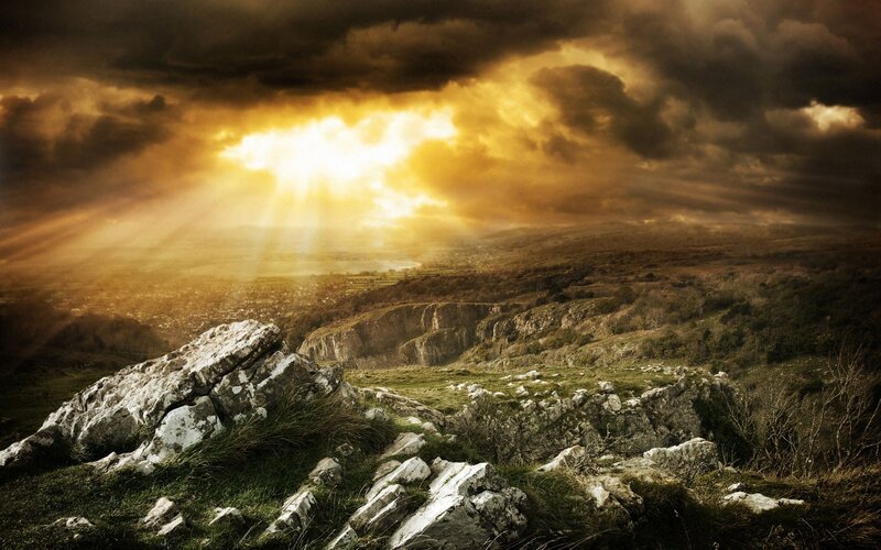 Sunlight Through Storm Clouds — Yellow, Dramatic, Sunrise, Photograph, Rocks