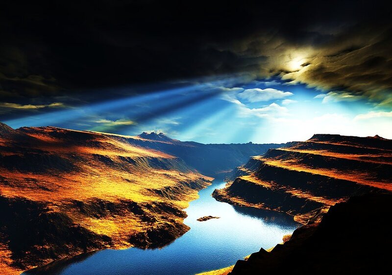 Sunlight through stormy canyon